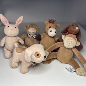 Baby Gap Plush Lot Set of 6 Stuffed Animals 7” Monkey Dog Bunny Horse - NO SOUND